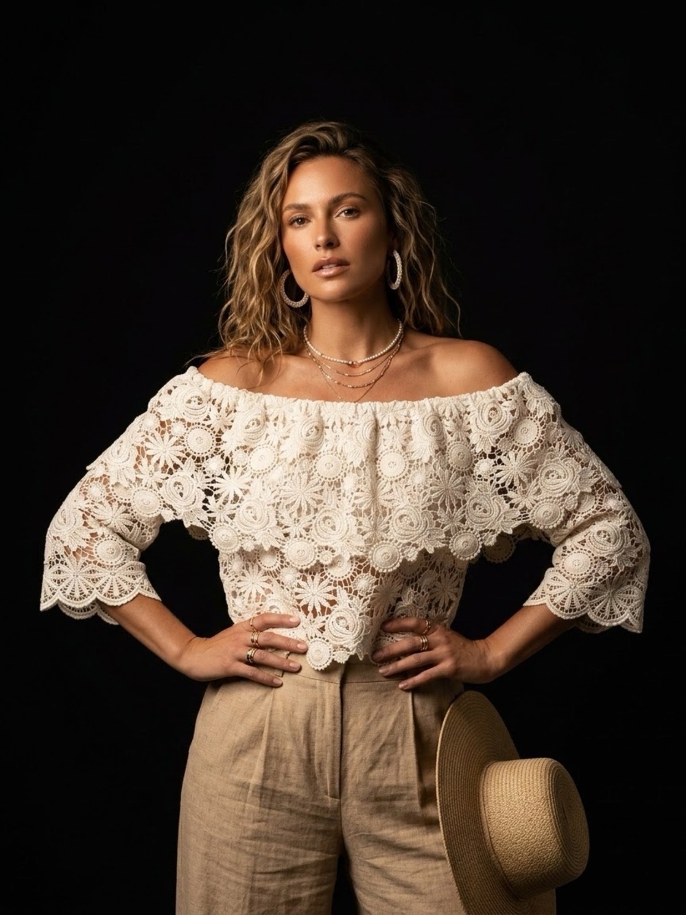 Off-Shoulder Crochet Lace Top in white Small